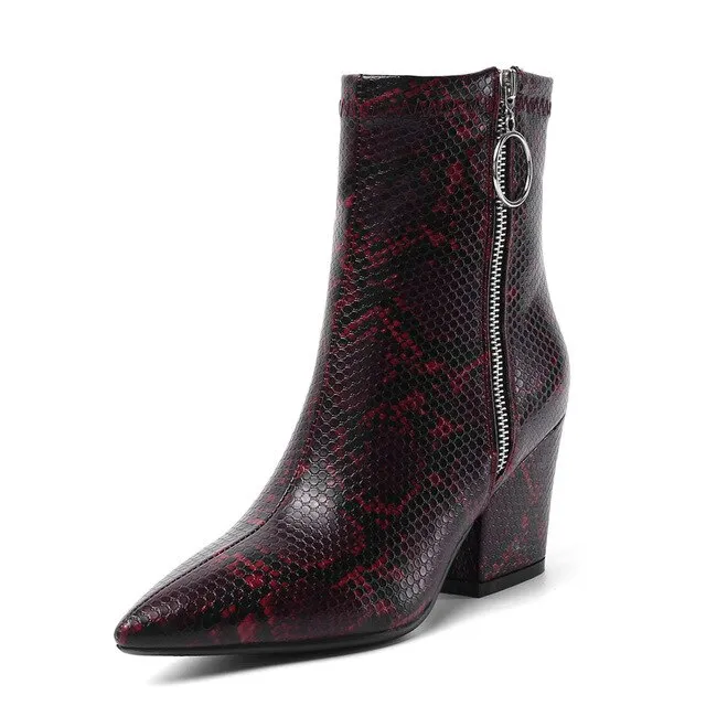 Snake Print Yellow Green White High Heels Womens Shoes Zipper Fashion Retro Gothic Ankle Boots Female Winter Bootie 2019