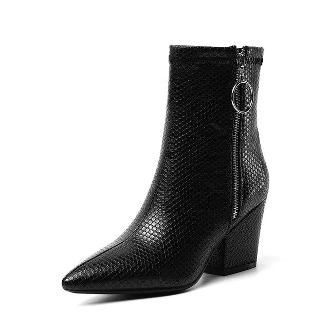 Snake Print Yellow Green White High Heels Womens Shoes Zipper Fashion Retro Gothic Ankle Boots Female Winter Bootie 2019