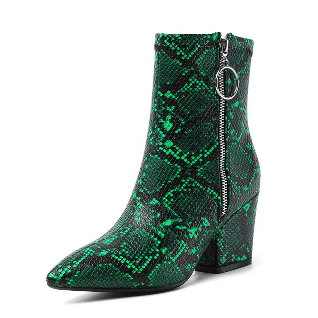Snake Print Yellow Green White High Heels Womens Shoes Zipper Fashion Retro Gothic Ankle Boots Female Winter Bootie 2019