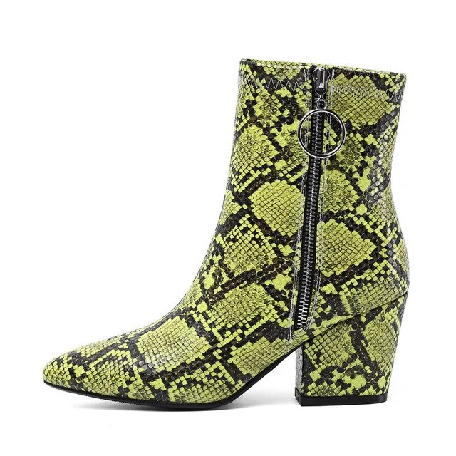 Snake Print Yellow Green White High Heels Womens Shoes Zipper Fashion Retro Gothic Ankle Boots Female Winter Bootie 2019