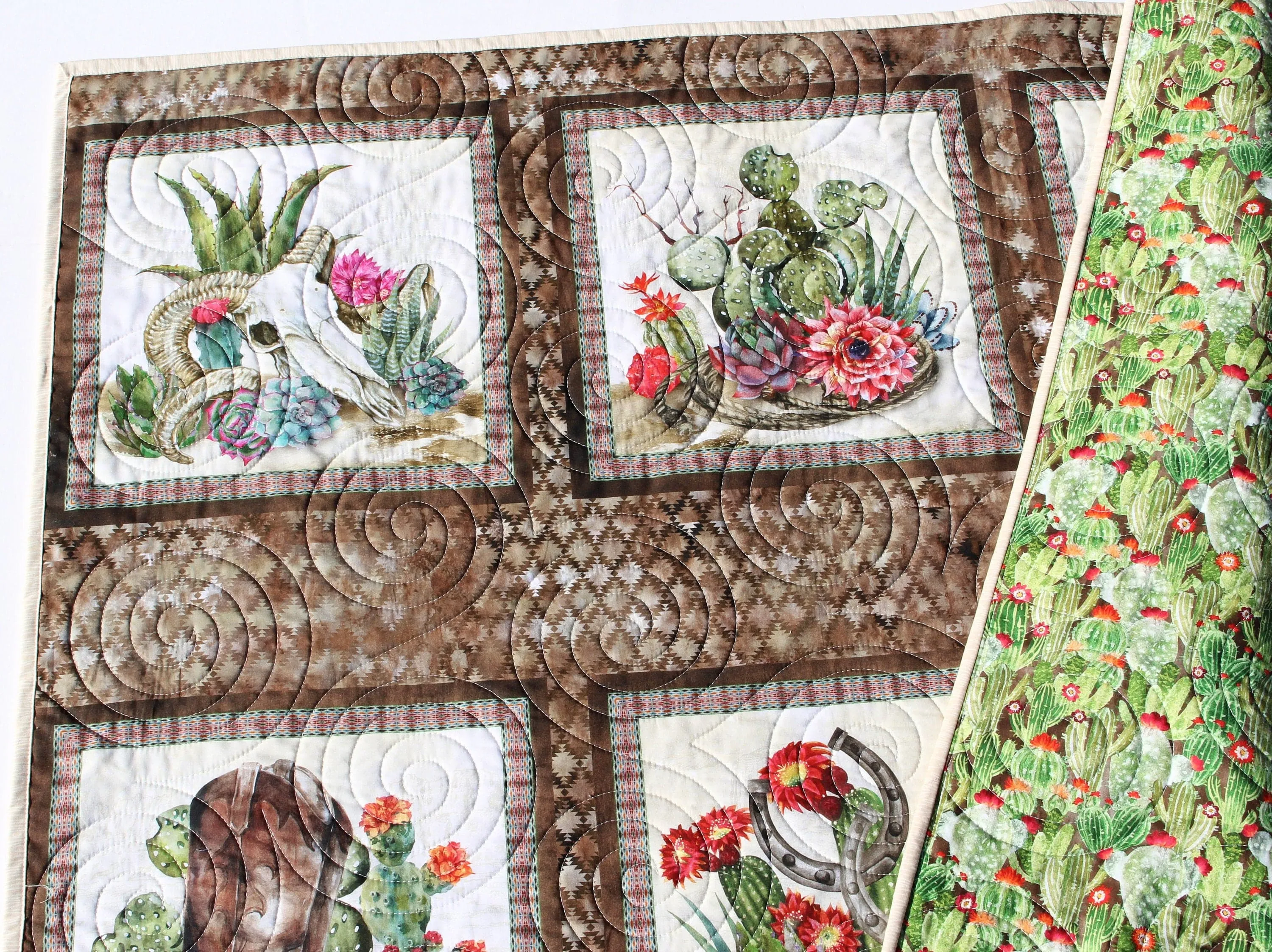 Southwest Lap Quilt, Small Throw Size, Cactus Boots Cowboy Hat Western Skull, Modern Personalized Name