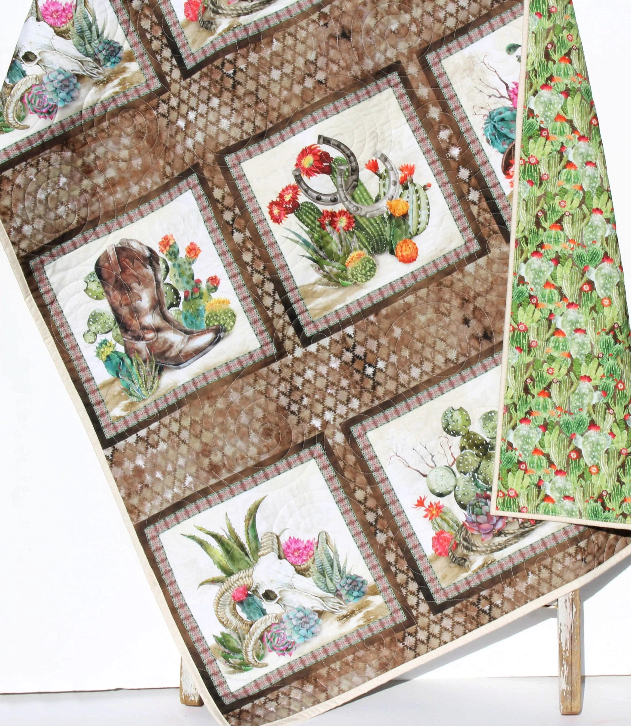 Southwest Lap Quilt, Small Throw Size, Cactus Boots Cowboy Hat Western Skull, Modern Personalized Name
