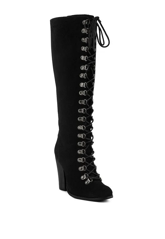 Street-Slay Antique Eyelet Block Heel Lace Up Calf Boot