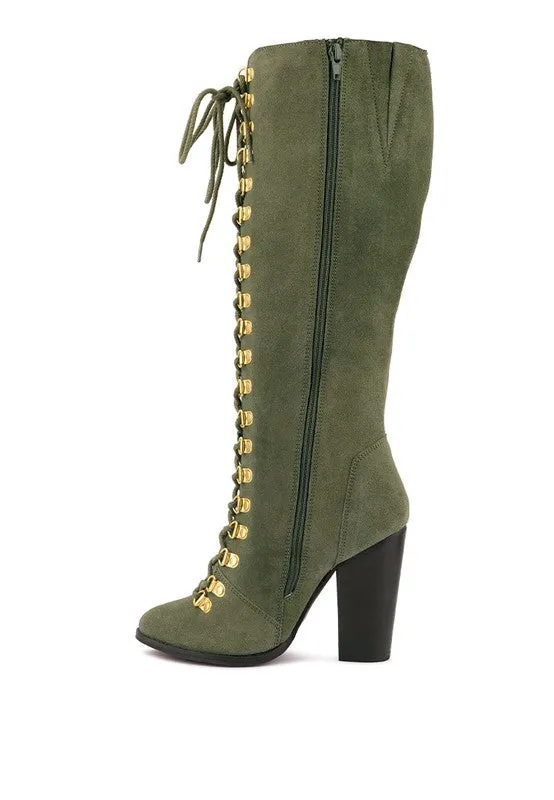 Street-Slay Antique Eyelet Block Heel Lace Up Calf Boot
