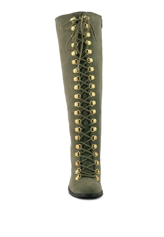 Street-Slay Antique Eyelet Block Heel Lace Up Calf Boot