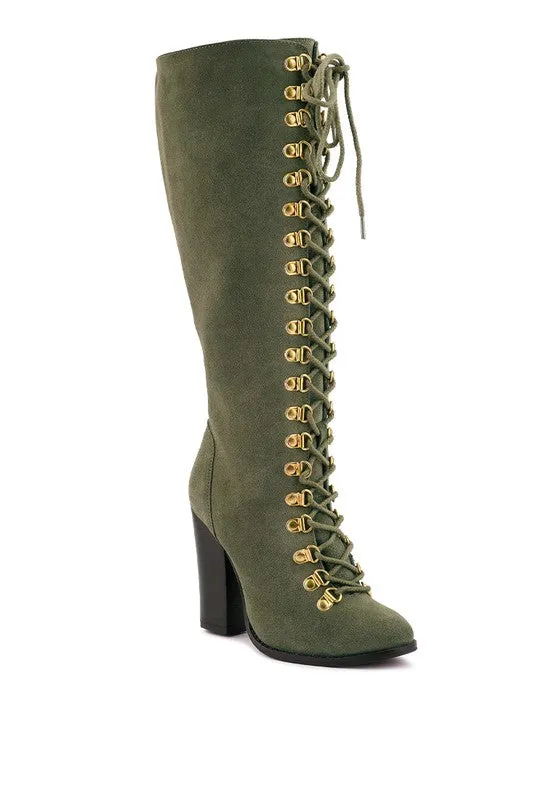 Street-Slay Antique Eyelet Block Heel Lace Up Calf Boot