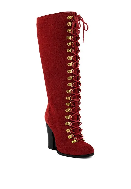 Street-Slay Antique Eyelet Block Heel Lace Up Calf Boot