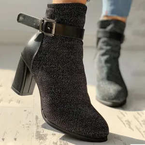 Suede Ankle-Buckled Pointed Toe Chunky Heeled Boots