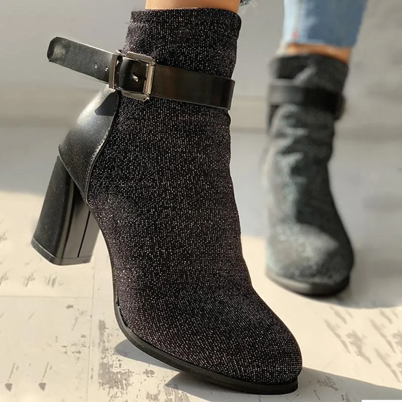 Suede Ankle-Buckled Pointed Toe Chunky Heeled Boots