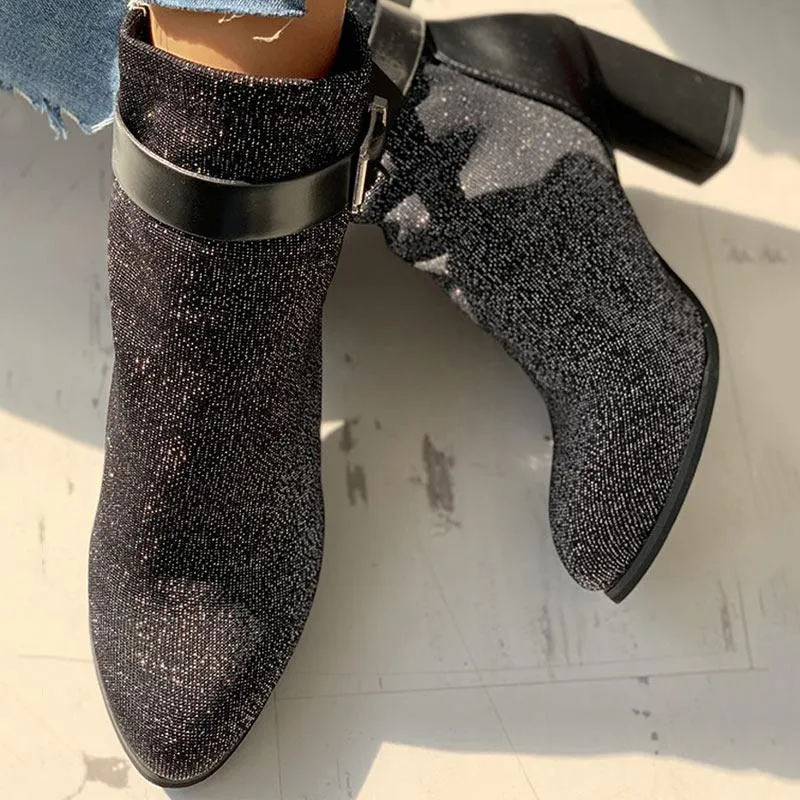 Suede Ankle-Buckled Pointed Toe Chunky Heeled Boots