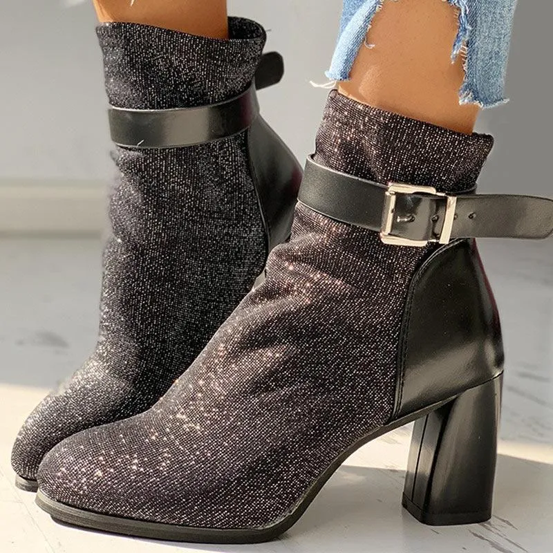 Suede Ankle-Buckled Pointed Toe Chunky Heeled Boots