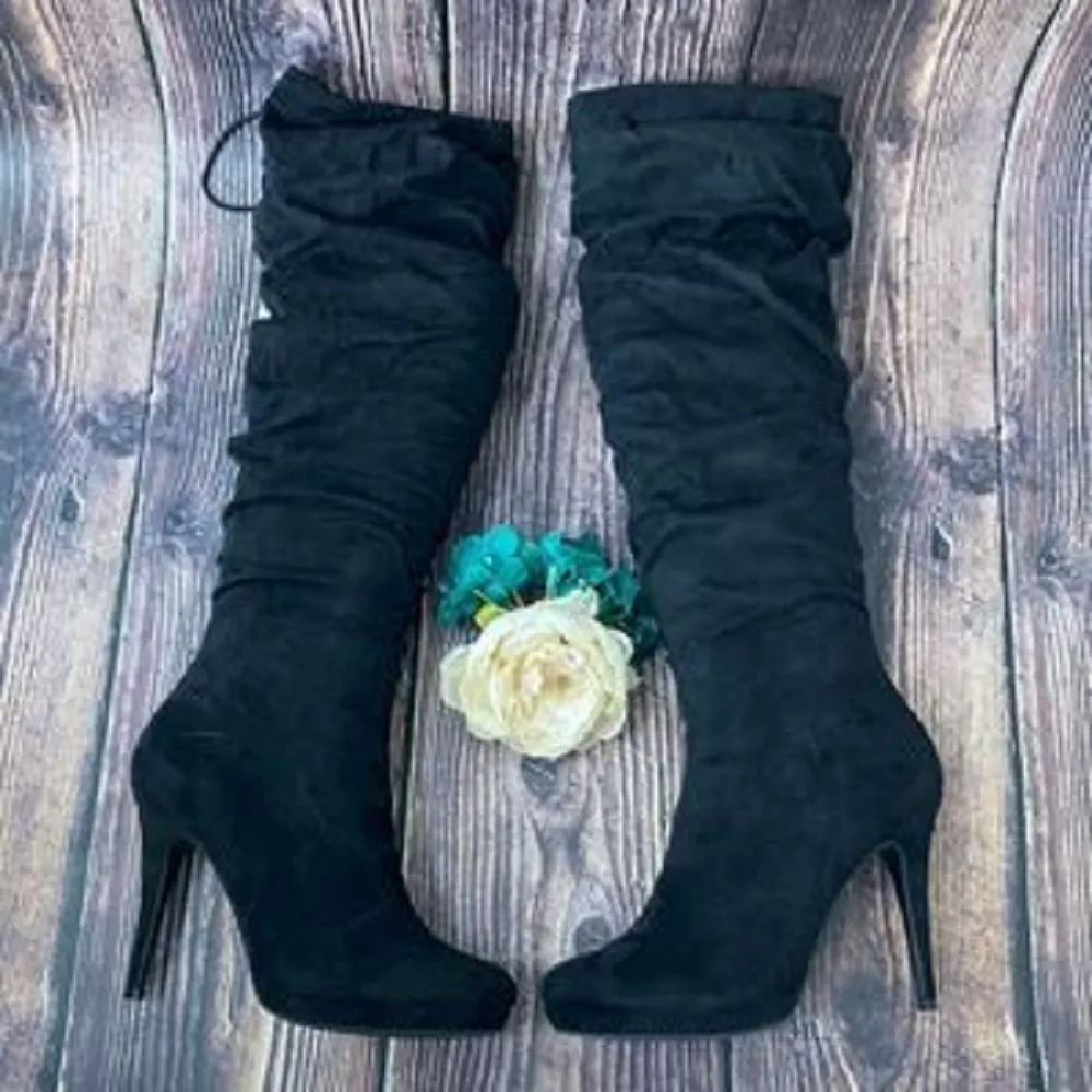 Thalia Sodi Black Faux Suede Brisa Heeled Boots 9M