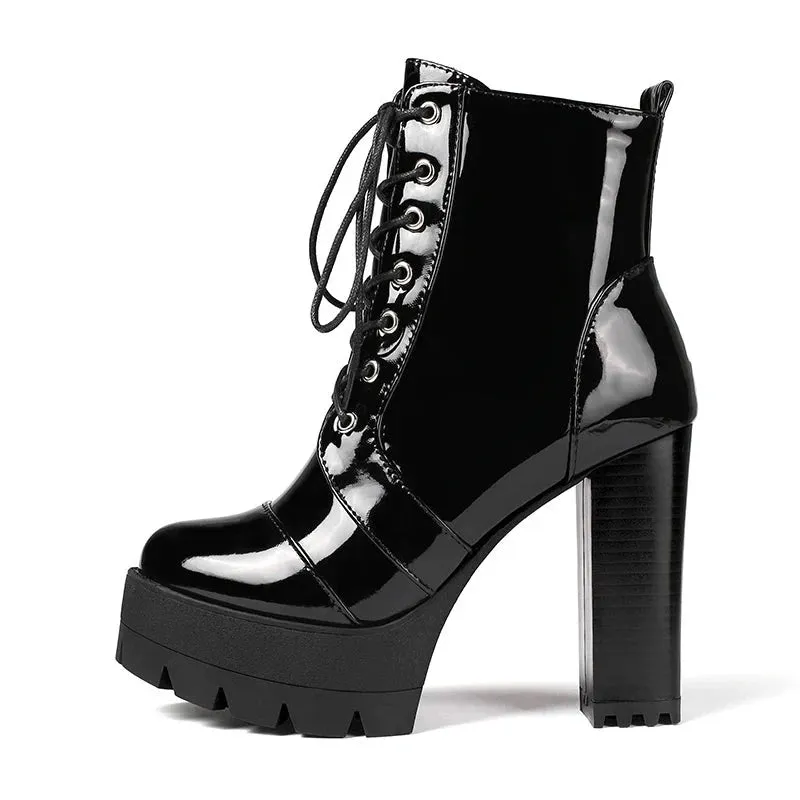 Thick High Heeled Female Patent Leather Ankle Boots Round Toe Lace-up Zipper Women Short Boots Gothic Women Shoes