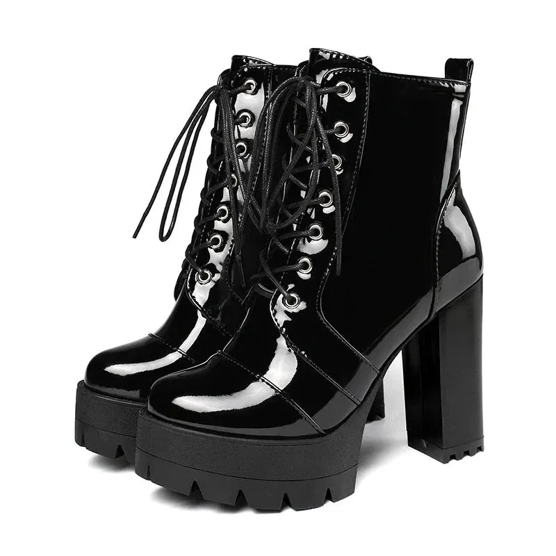 Thick High Heeled Female Patent Leather Ankle Boots Round Toe Lace-up Zipper Women Short Boots Gothic Women Shoes