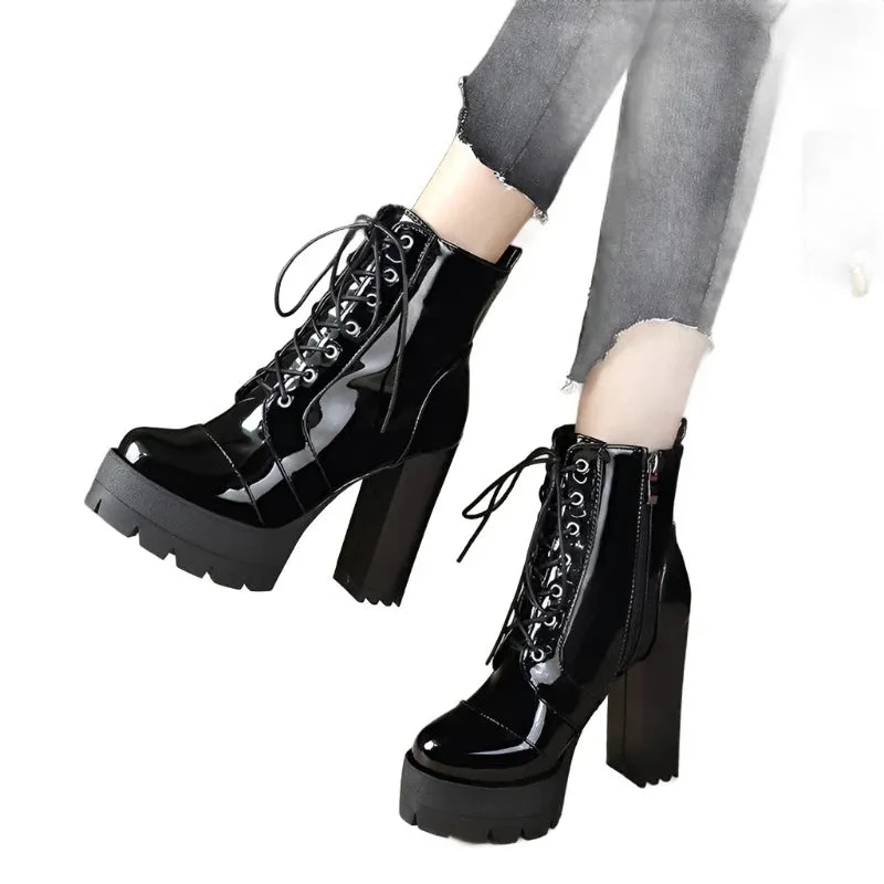 Thick High Heeled Female Patent Leather Ankle Boots Round Toe Lace-up Zipper Women Short Boots Gothic Women Shoes