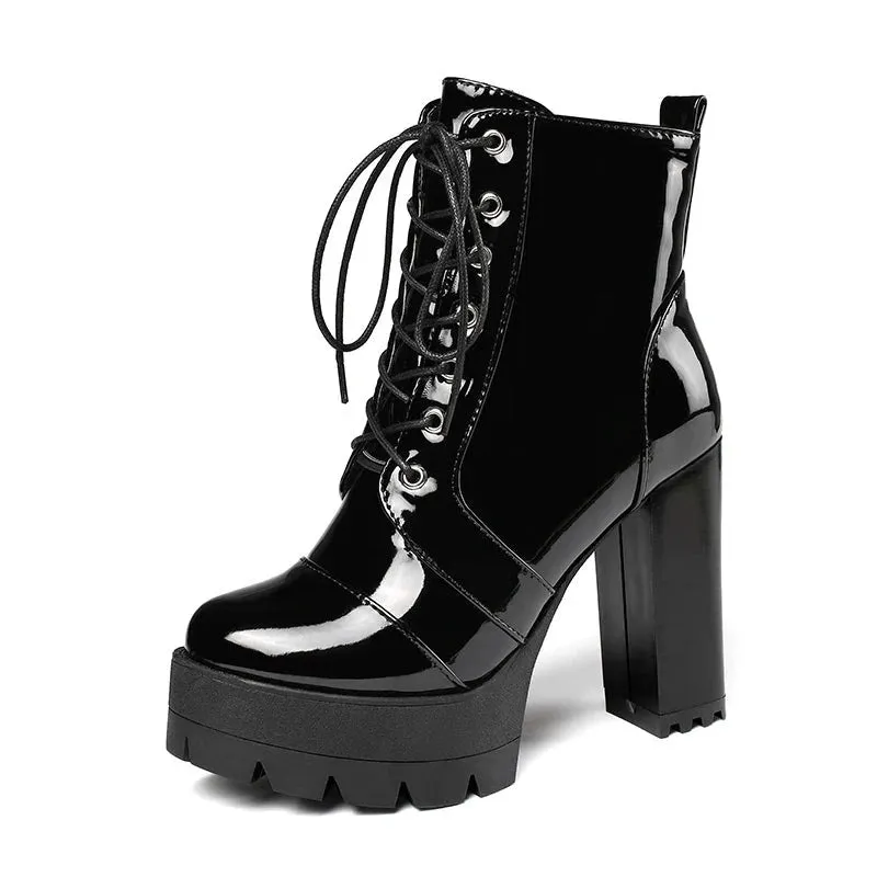 Thick High Heeled Female Patent Leather Ankle Boots Round Toe Lace-up Zipper Women Short Boots Gothic Women Shoes
