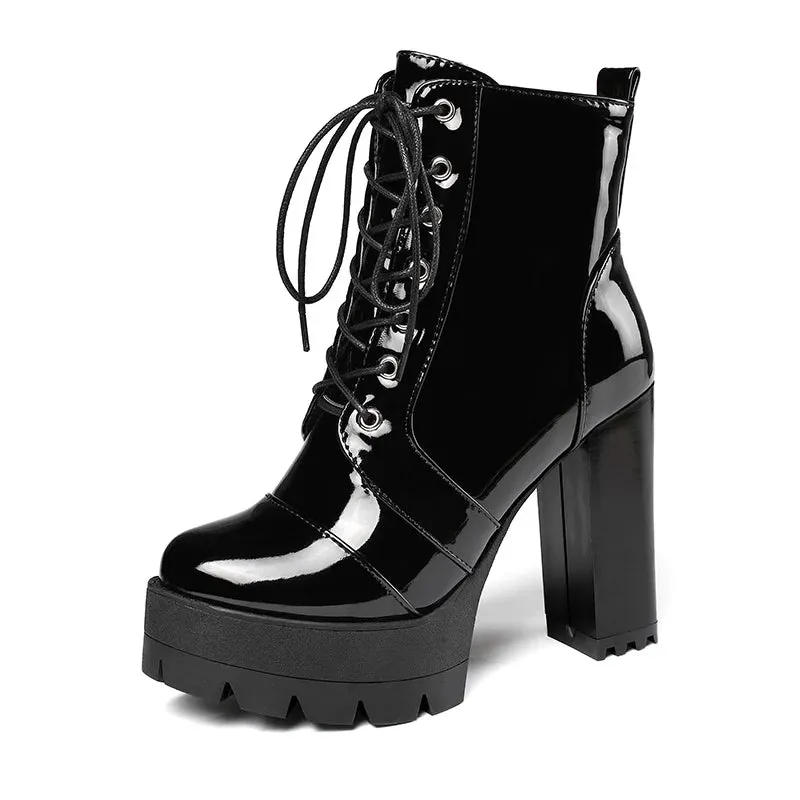 Thick High Heeled Female Patent Leather Ankle Boots Round Toe Lace-up Zipper Women Short Boots Gothic Women Shoes