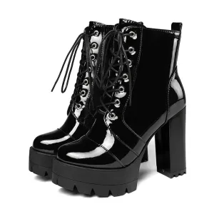 Thick High Heeled Female Patent Leather Ankle Boots Round Toe Lace-up Zipper Women Short Boots Gothic Women Shoes