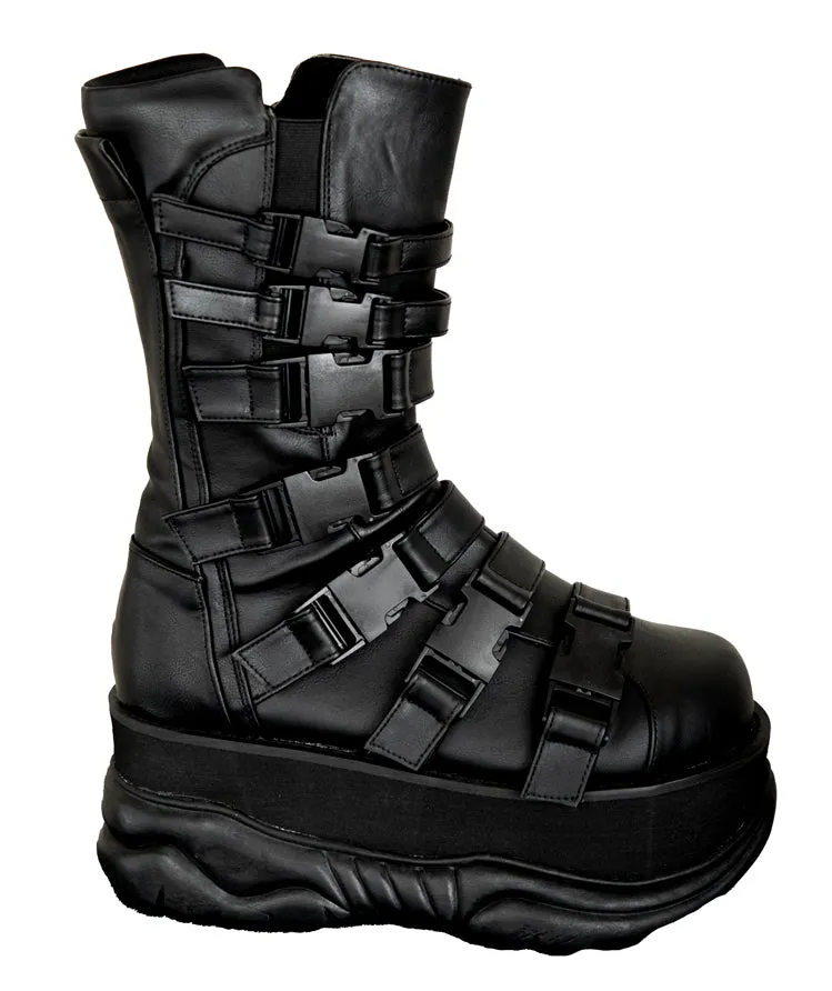 Unisex Platform Rave Boots w Multiple Buckles Side Gusset
