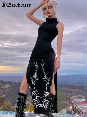 Unleash Your Dark Side with Our Gothic Print Midi Dress with Turtleneck Long Dress