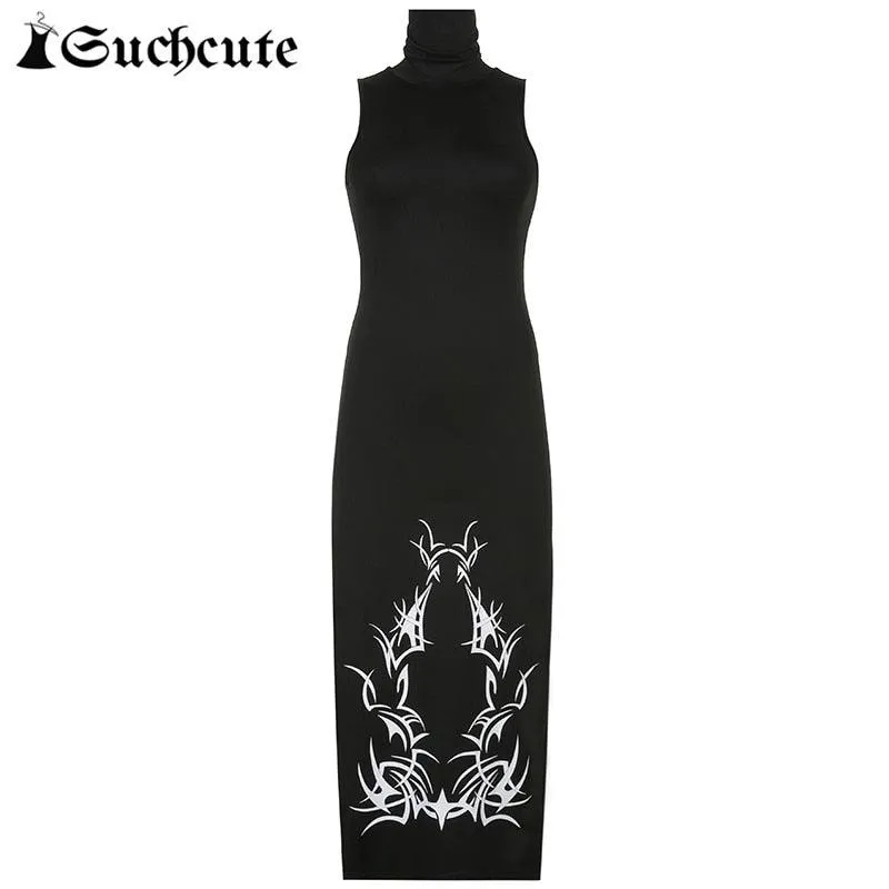 Unleash Your Dark Side with Our Gothic Print Midi Dress with Turtleneck Long Dress