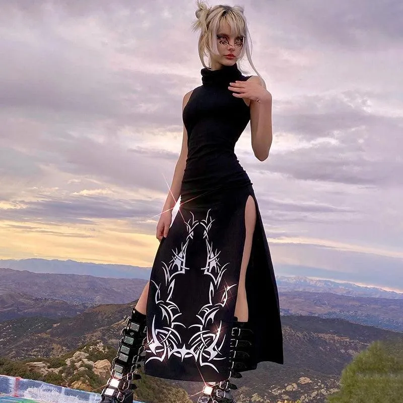 Unleash Your Dark Side with Our Gothic Print Midi Dress with Turtleneck Long Dress