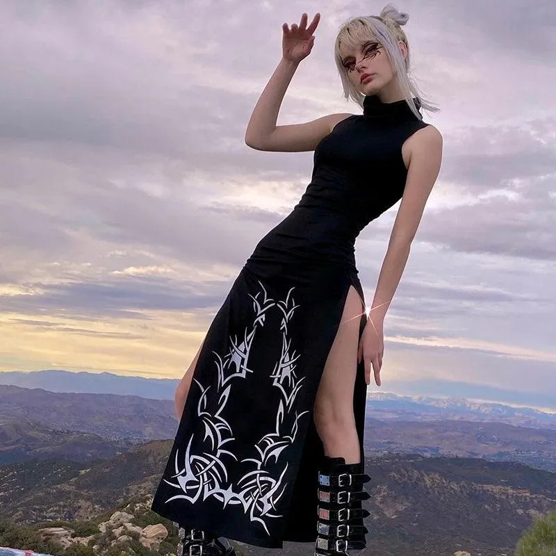 Unleash Your Dark Side with Our Gothic Print Midi Dress with Turtleneck Long Dress