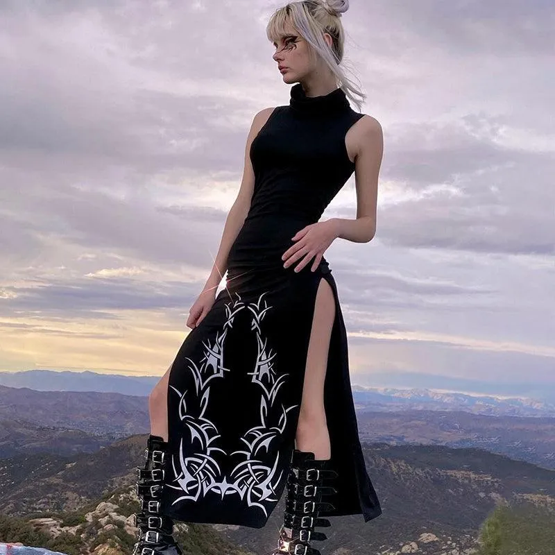 Unleash Your Dark Side with Our Gothic Print Midi Dress with Turtleneck Long Dress