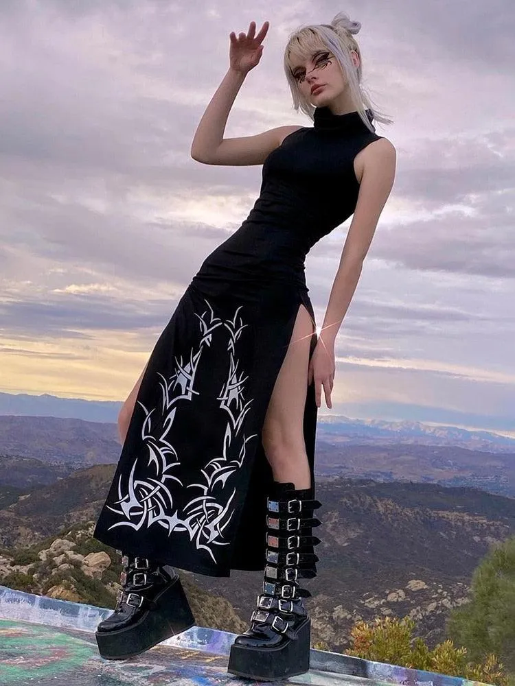 Unleash Your Dark Side with Our Gothic Print Midi Dress with Turtleneck Long Dress