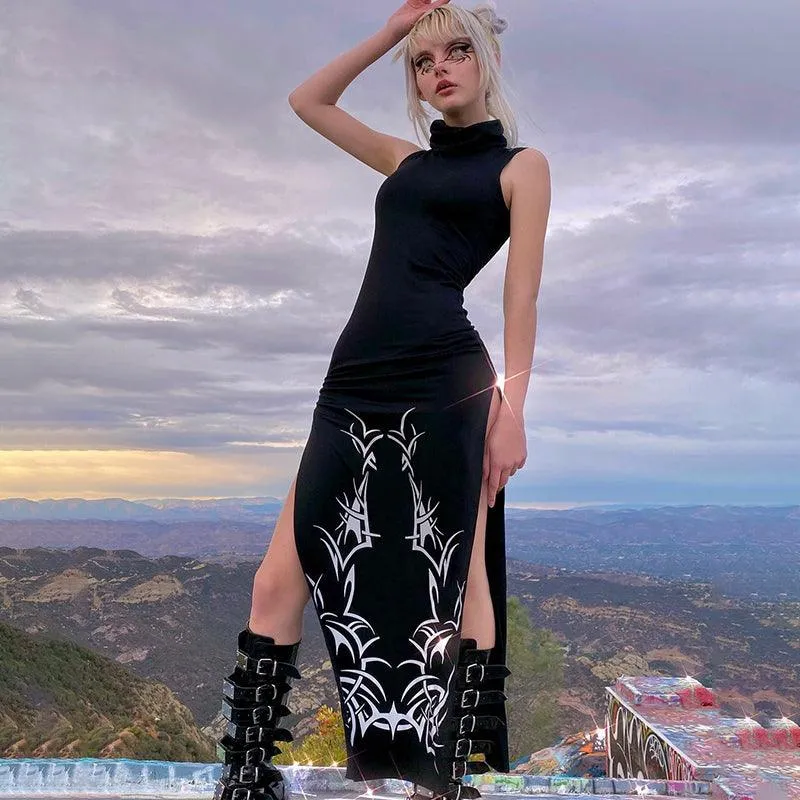 Unleash Your Dark Side with Our Gothic Print Midi Dress with Turtleneck Long Dress