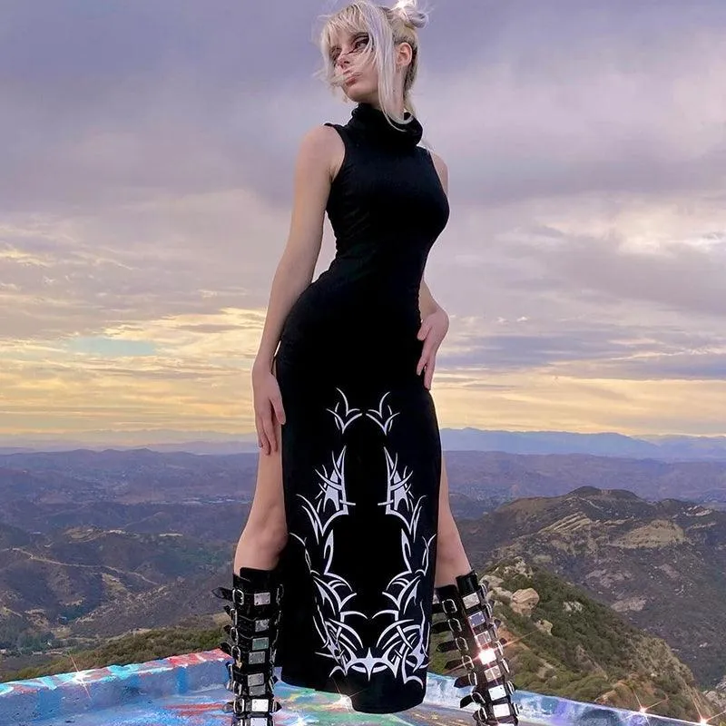 Unleash Your Dark Side with Our Gothic Print Midi Dress with Turtleneck Long Dress