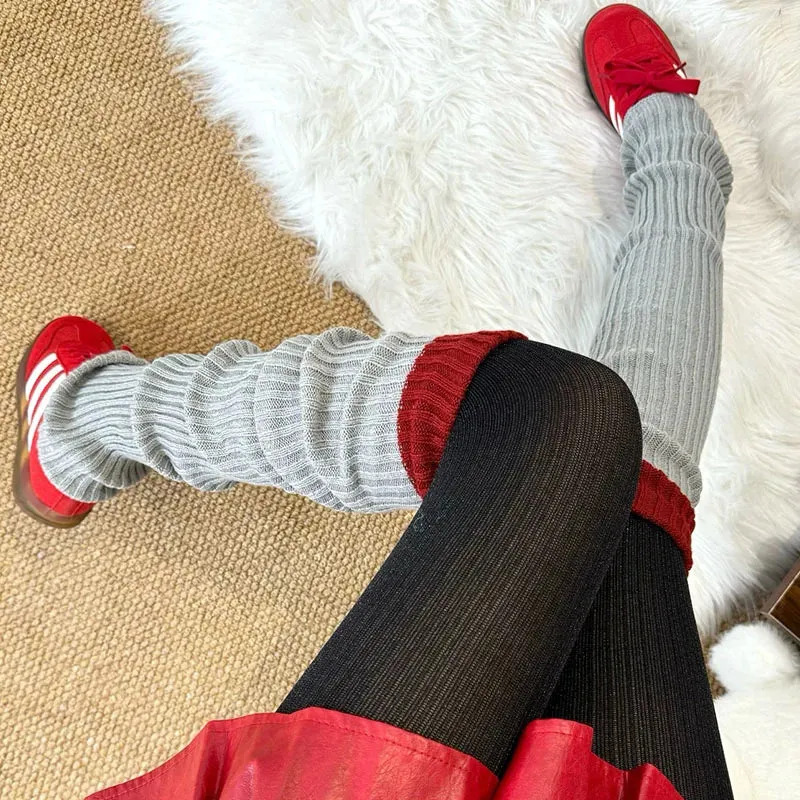 Vintage Angola Red Knee-High Socks – Gothic Stacked Leg Warmers for Winter