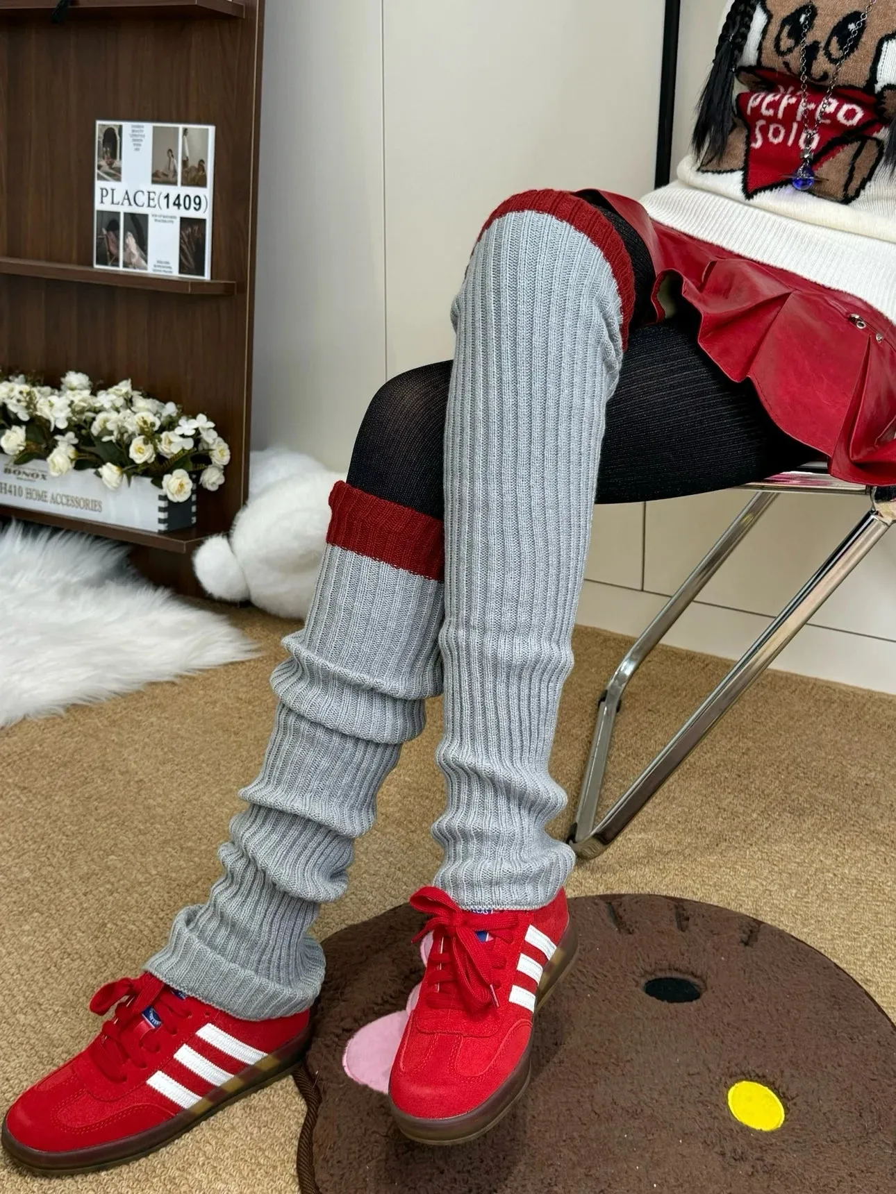 Vintage Angola Red Knee-High Socks – Gothic Stacked Leg Warmers for Winter
