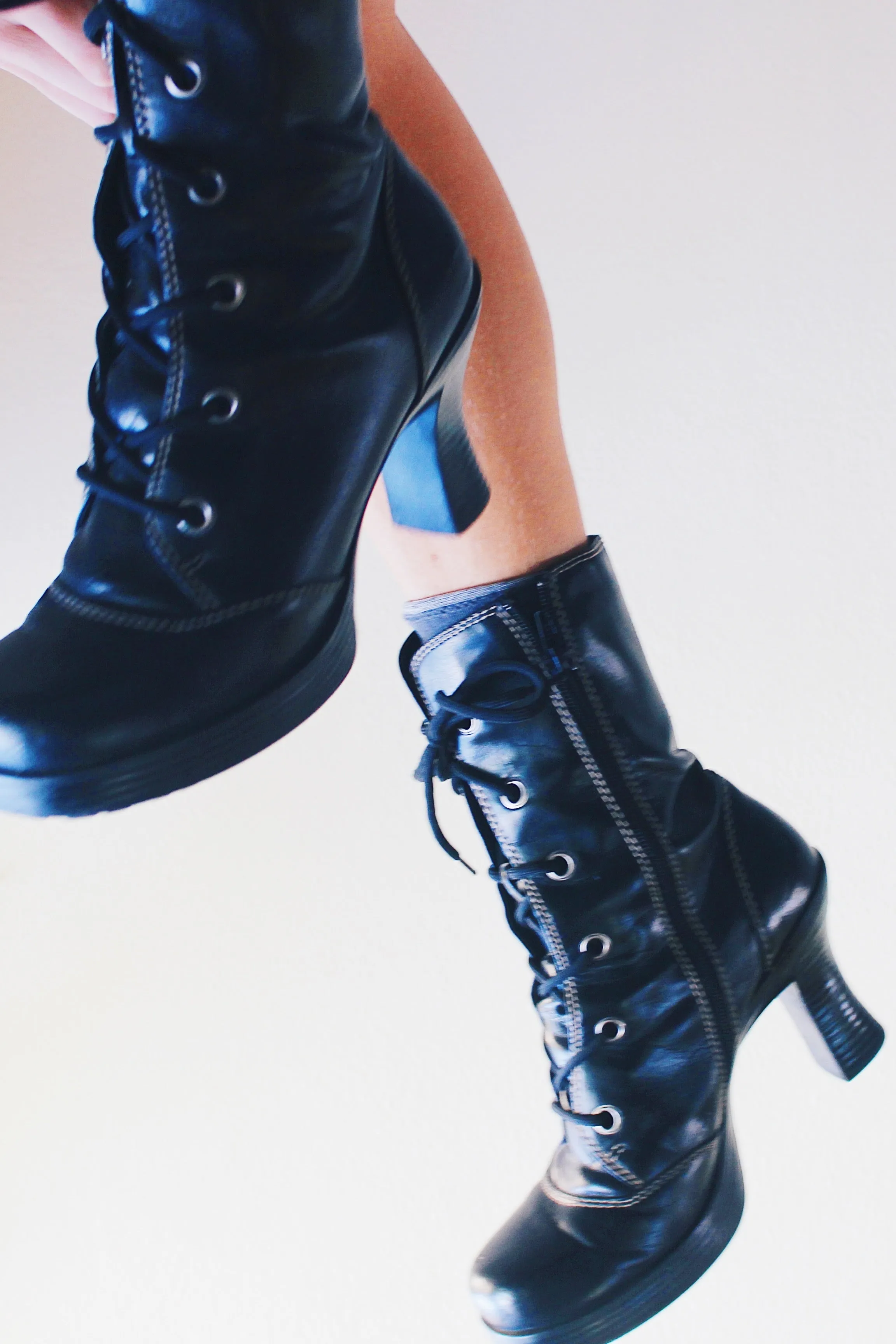 Vintage Black Chunky Lace-Up Heeled Boots - Dark Witchy Victorian Style