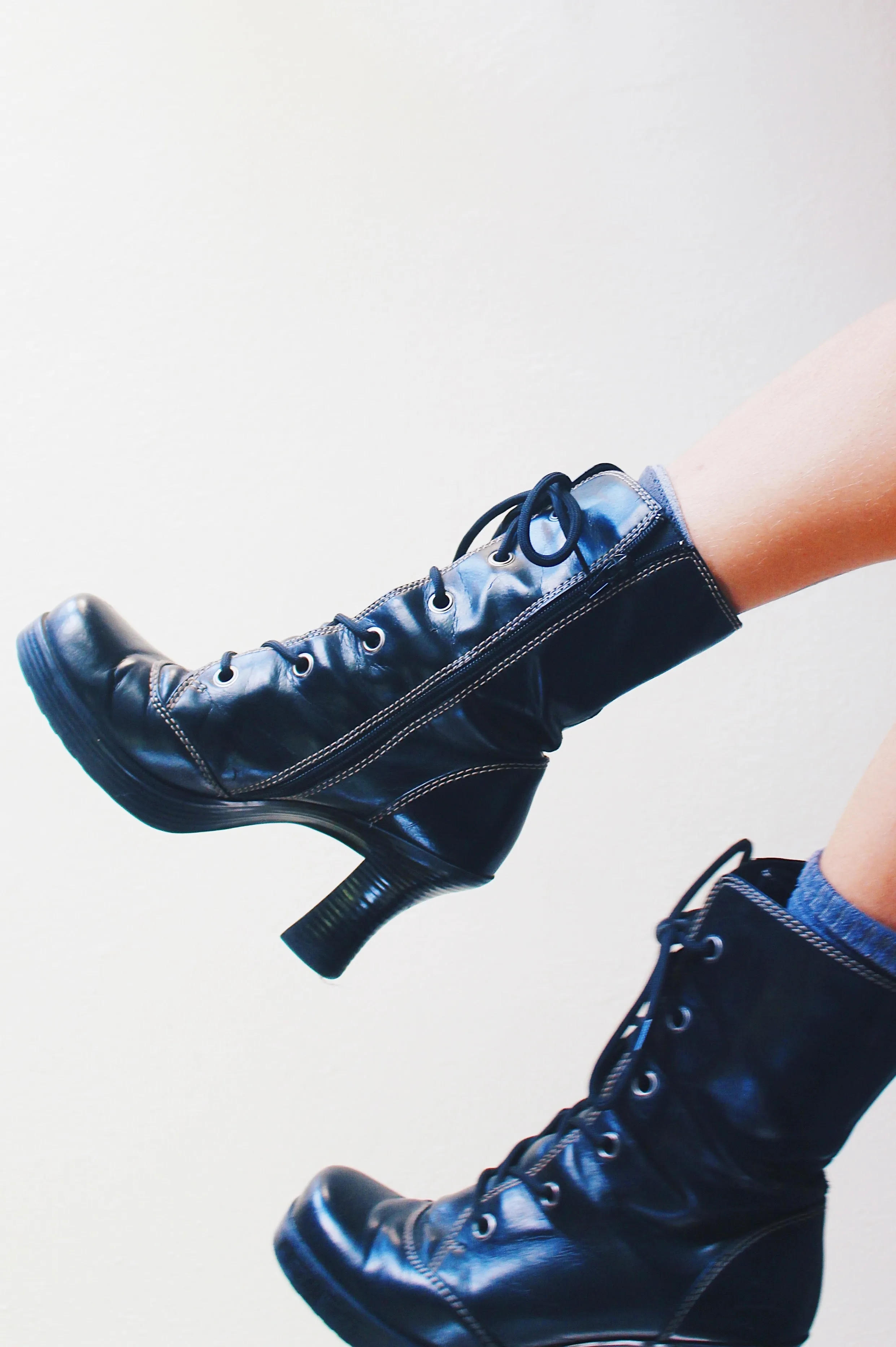 Vintage Black Chunky Lace-Up Heeled Boots - Dark Witchy Victorian Style