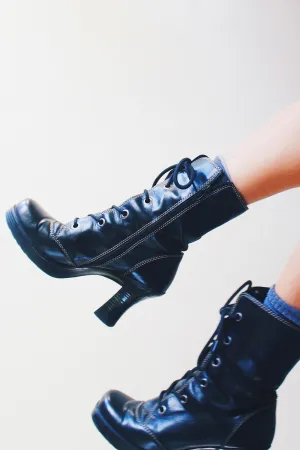 Vintage Black Chunky Lace-Up Heeled Boots - Dark Witchy Victorian Style