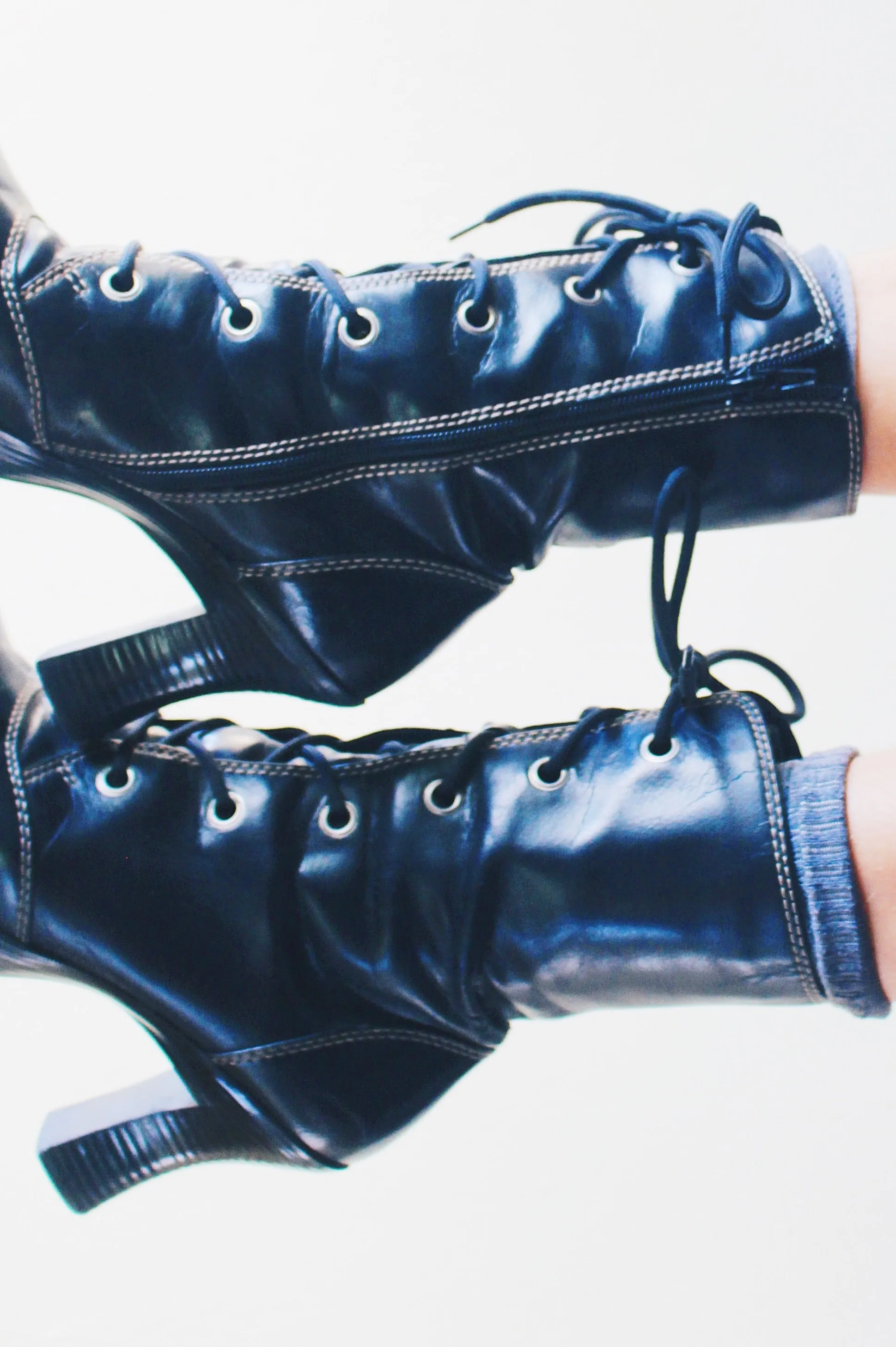 Vintage Black Chunky Lace-Up Heeled Boots - Dark Witchy Victorian Style