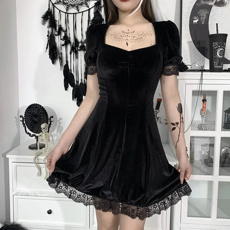 Vintage Lace Gothic Aesthetic Mini Dress with Puff Sleeves