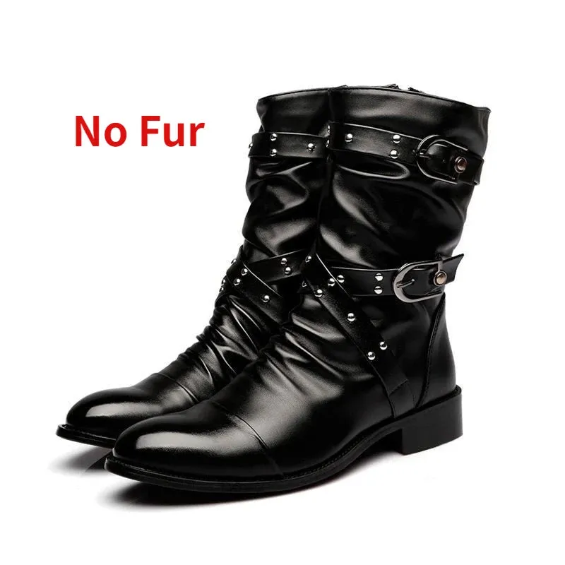 Winter Pointed Toe Men's Mid-calf Boots Buckle Strap Chelsea Boot for Men