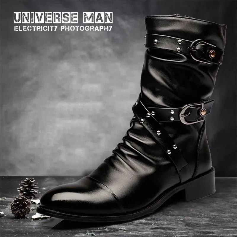 Winter Pointed Toe Men's Mid-calf Boots Buckle Strap Chelsea Boot for Men