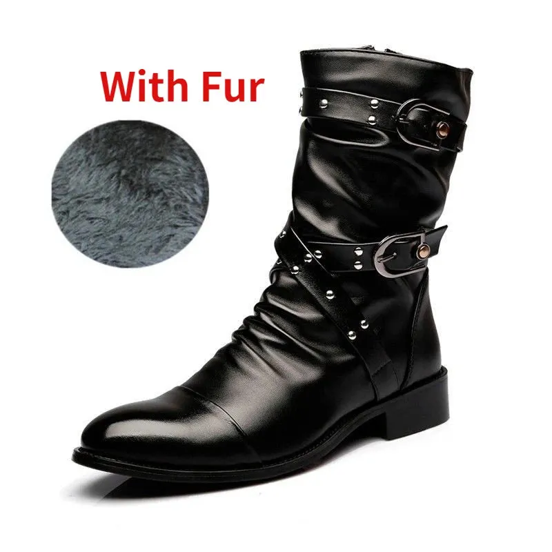 Winter Pointed Toe Men's Mid-calf Boots Buckle Strap Chelsea Boot for Men