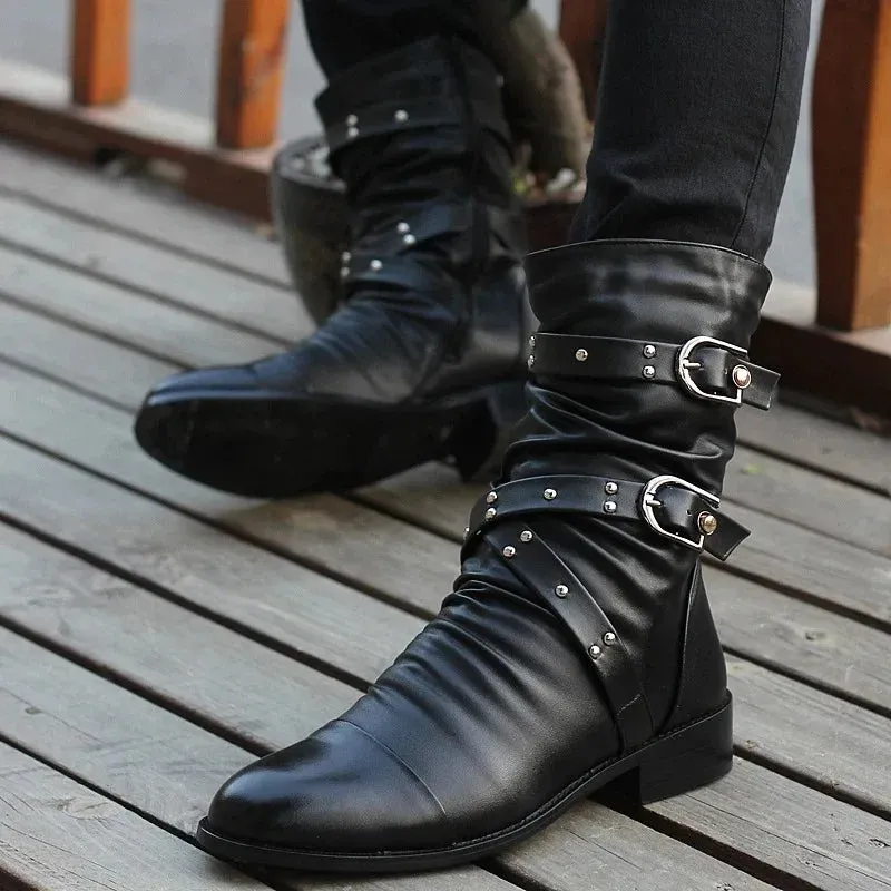 Winter Pointed Toe Men's Mid-calf Boots Buckle Strap Chelsea Boot for Men