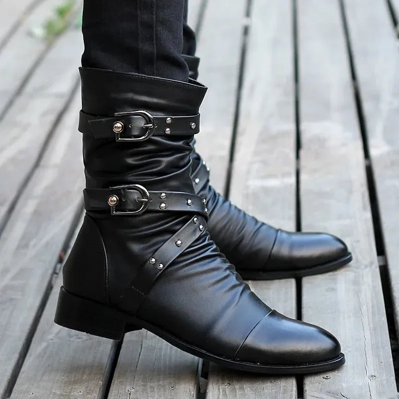 Winter Pointed Toe Men's Mid-calf Boots Buckle Strap Chelsea Boot for Men