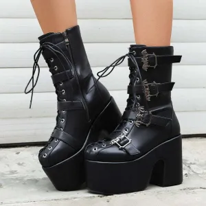 womans block heels Punk Platform Gothic buckled Boots