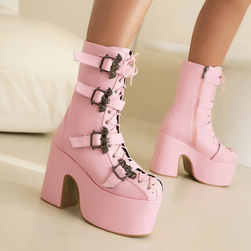 womans block heels Punk Platform Gothic buckled Boots