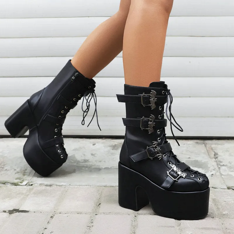 womans block heels Punk Platform Gothic buckled Boots