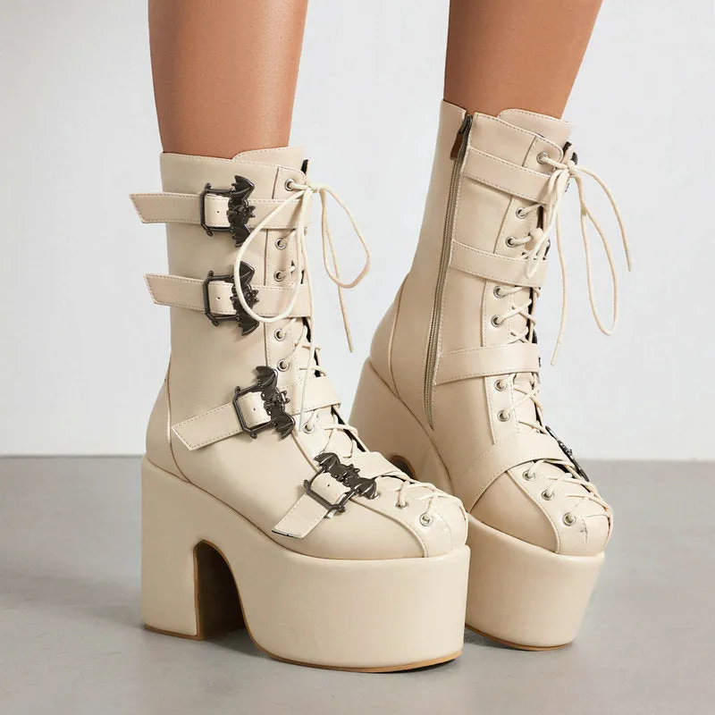 womans block heels Punk Platform Gothic buckled Boots