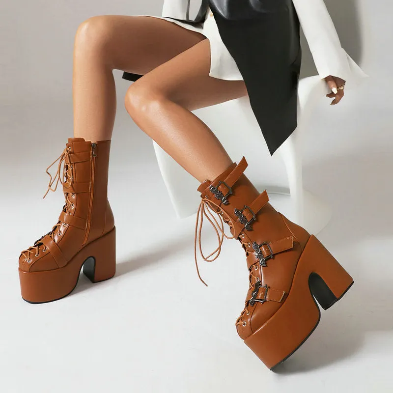 womans block heels Punk Platform Gothic buckled Boots