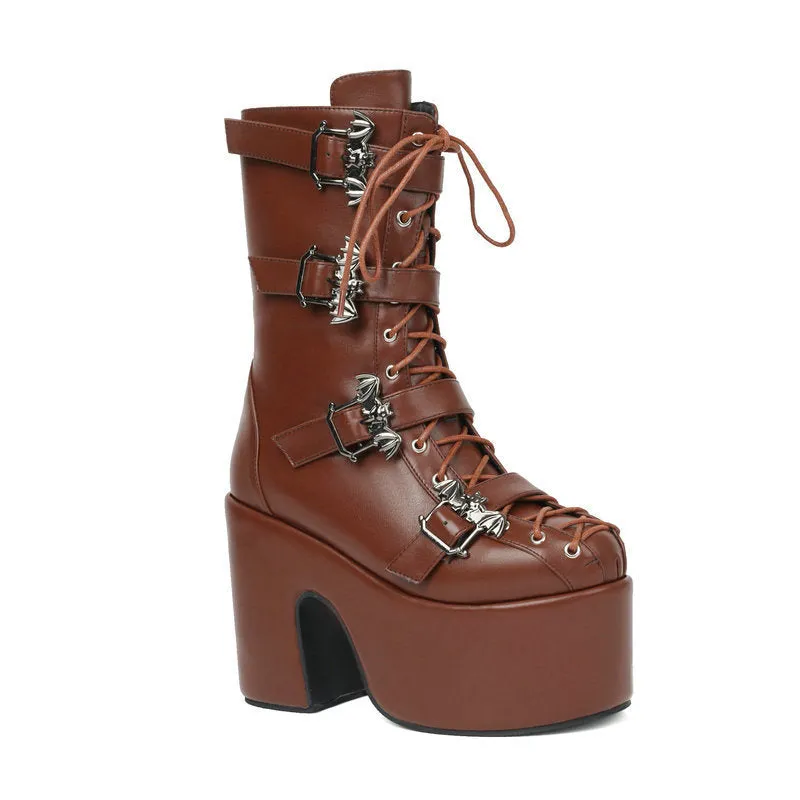 womans block heels Punk Platform Gothic buckled Boots