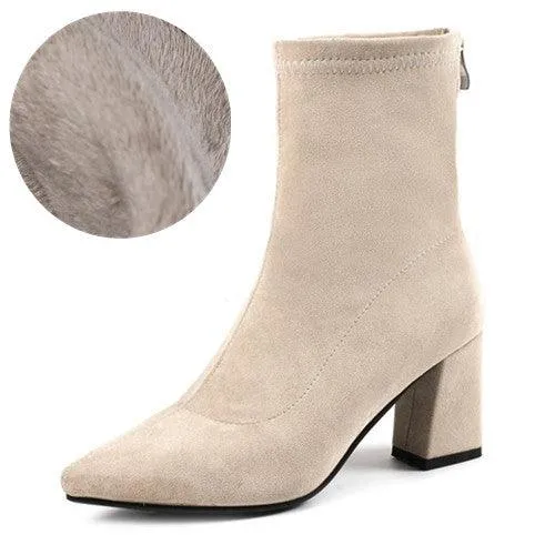 Women's Ankle Winter High-heeled Mid-tube Pointed Toe Thick-heeled Martin Boots